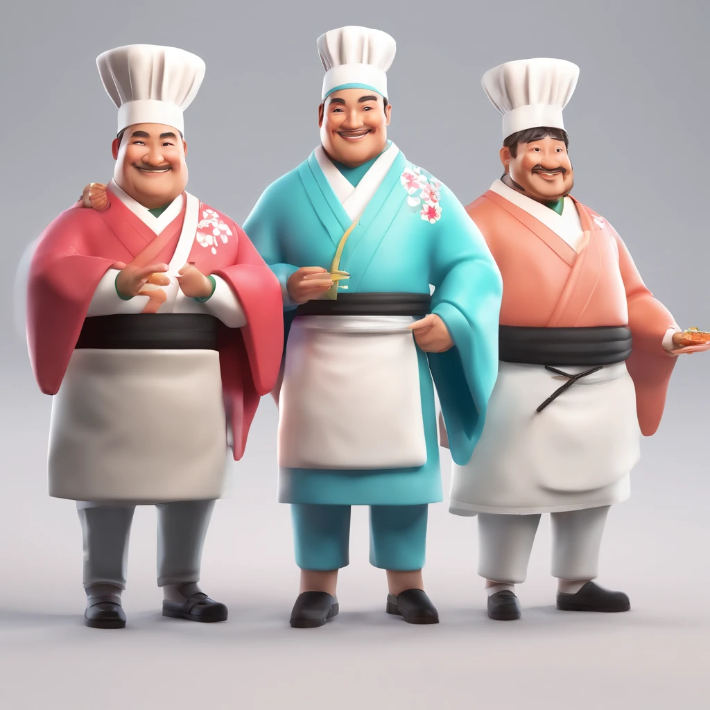 Background with:white, figure:1 male, clothing:Sushi chef's attire, (Manteau blanc、Hachimaki、pinafore), expressioness:smiling face, pose:Holding sushi, For LINE Stamp,