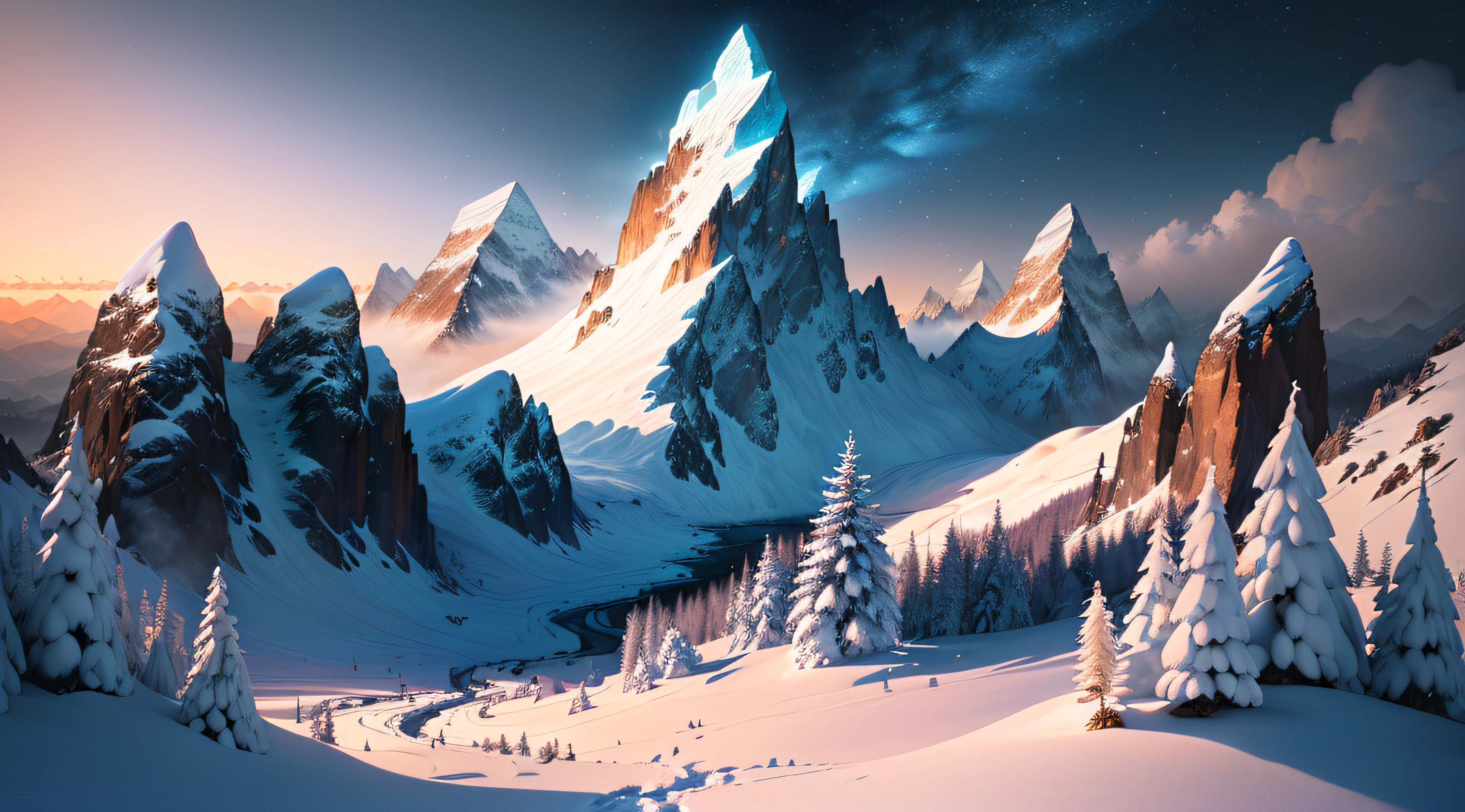 Masterpiece, best quality, (extremely detailed CG unified 8k wallpaper), (best quality), (best illustration), (best shadow), snow mountains, wilderness, snowflakes dancing,absurdity, realistic lighting, (abyss), beautiful detail lighting, Peter Mohr Bacher's art,(animated cartoon style:1.2)