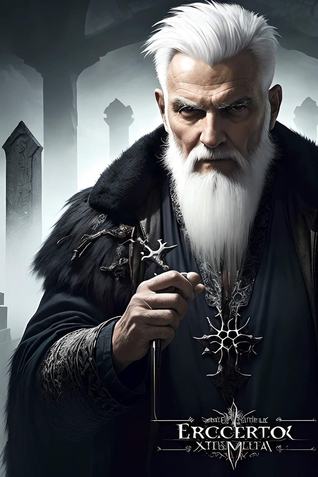 (papel de parede 8k extremamente detalhado), An average photo of an old man with necromancer white hair, intrincado, alto detalhe, Dramatic