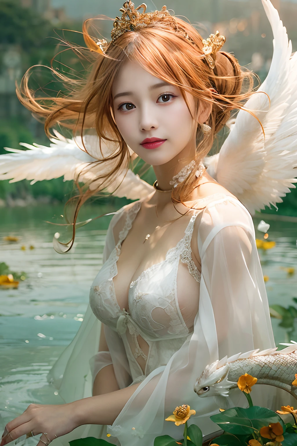 Dragons in Chinese mythology,(Portrait of an angel and a dragon god:1.3,)(Sheer and revealing white fluffy outfit:1.3, ),(Angel with glass wings floating above lake:1.3), (A glass dragon protects angels from behind:1.3),shiny light brown and orange striped hair,,,,Cute smile,Perfect round face,A cheerful smile that makes the viewer happy,Proper body proportion,masutepiece,Super high-quality output images,hight resolution,Intricate details,Hair fluttering in a very delicate and beautiful wind,photos realistic,Dreamy,Professional Lighting,realistic shadow,Beautiful hands,Beautiful fingers,Detailed finger features,detailed clothes features,Detailed hair features,detailed facial features,plump tits,protruding from clothes,visible through sheer clothes