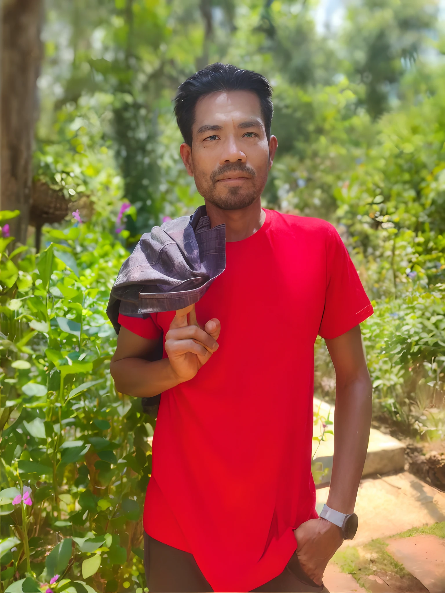 An old farmer carrying a flat burden, walking on the winding path of the countryside, big clouds, blue sky, rice fields, neat rice seedlings in the field, forest, hillside, secluded, countryside, HD detail, hyper-detail, cinematic, surrealism, soft light, deep field focus bokeh, ray tracing and surrealism. --v6