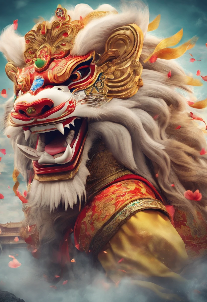Eastern Lion Awakening,(lion dance),(The state of the lion dance),closeup cleavage,Hong Kong.depth of fields,The background is blurred out,Flower foreground