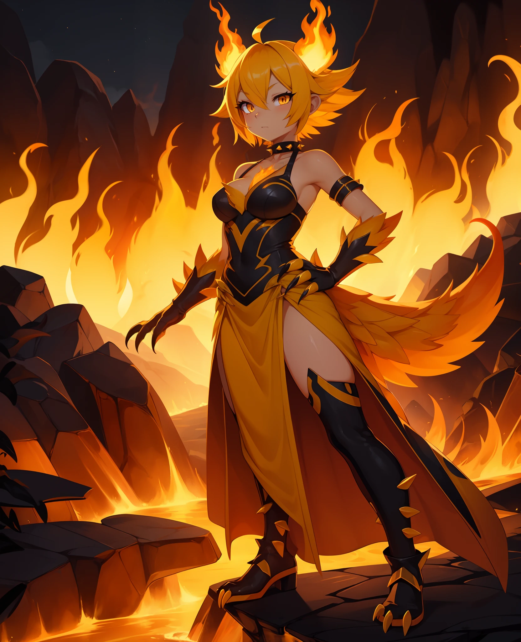 Duck, (monster girl), short yellow hair made of flames, fiery, yellow skin, orange spikes, long yellow tail tipped with flame, orange fiery dress with fire pattern, orange spike gloves, claws, black neck choker, standing by a lava river, fire flames behind them, masterpiece, best quality