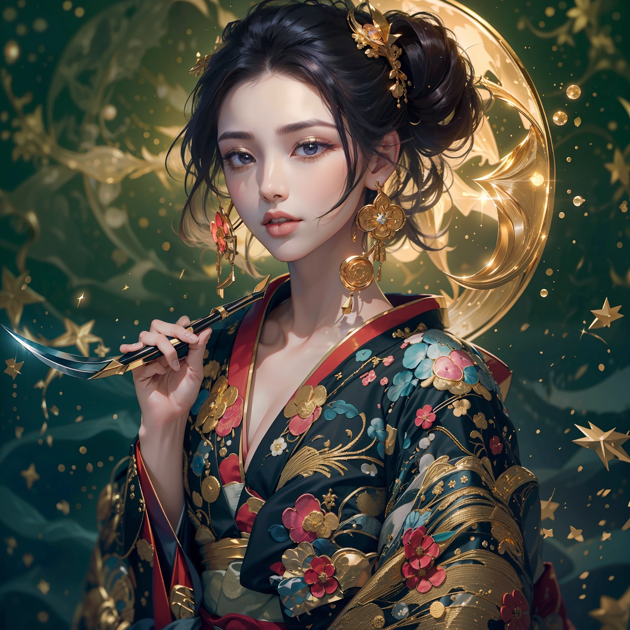 a moon,Detailed starry sky background,glossy dark hair,Break Ponytail、elaborate costume{Luxury kimono(Colorful kimono(Detailed golden embroidery,))}、face perfect,Depict a beautiful and graceful woman of Japan。Heart in the eye。 Wallpaper 8K, .Blur the background with a sickle,((masutepiece)), ((Best Quality)),{{portrait photography}}