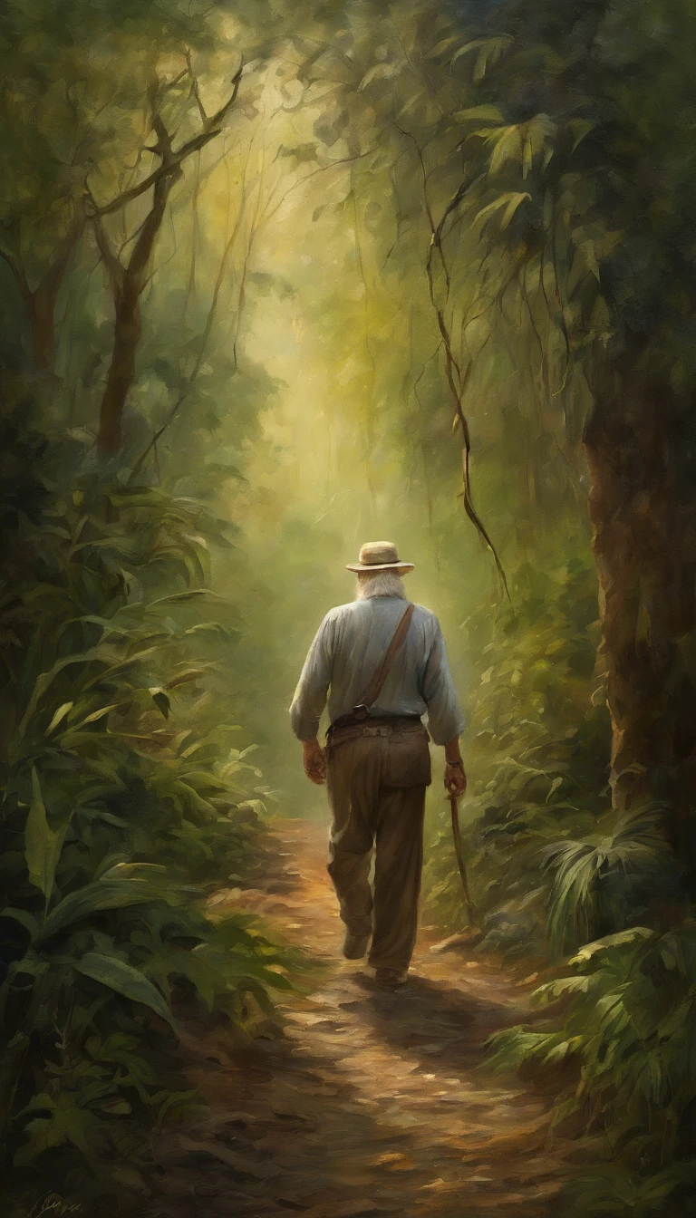 tmasterpiece, Smart old man walking through the jungle in fireflies, (high detal: 1 1), The face of an old man, Natural skin, high high quality, NSFW, beautidful eyes, (detailed faces and eyes), (the face: 1 2), noise, Extra, Realphotos, .....PSD, Lamp film photography, foco nítido, contrasty lighting, Detailed skins, High resolution 8K, insanely details, realisticlying, professional photoshooting, 8K  UHD, SLR camera, gentle illumination, high high quality, Film Particle, Fujifilm XT3