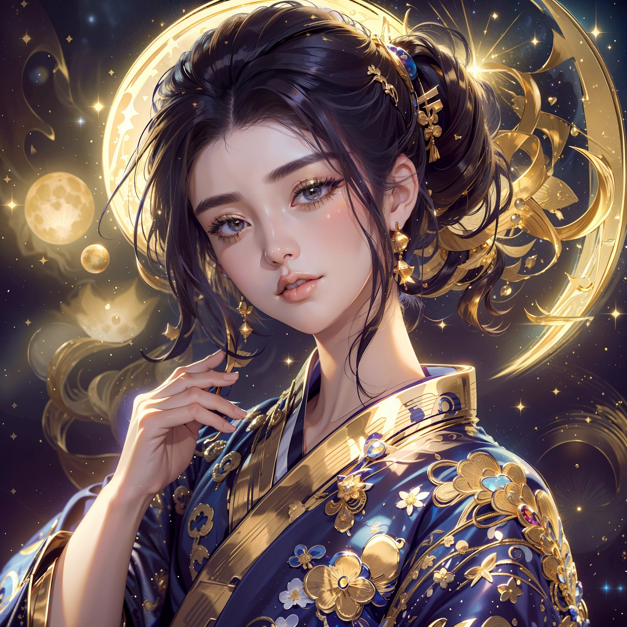a moon,Detailed starry sky background,glossy dark hair,Break Ponytail、elaborate costume{Luxury kimono(Colorful kimono(Detailed golden embroidery,))}、face perfect,Depict a beautiful and graceful woman of Japan。Heart in the eye。 Wallpaper 8K, .Blur the background with a sickle,((masutepiece)), ((Best Quality)),{{portrait photography}}