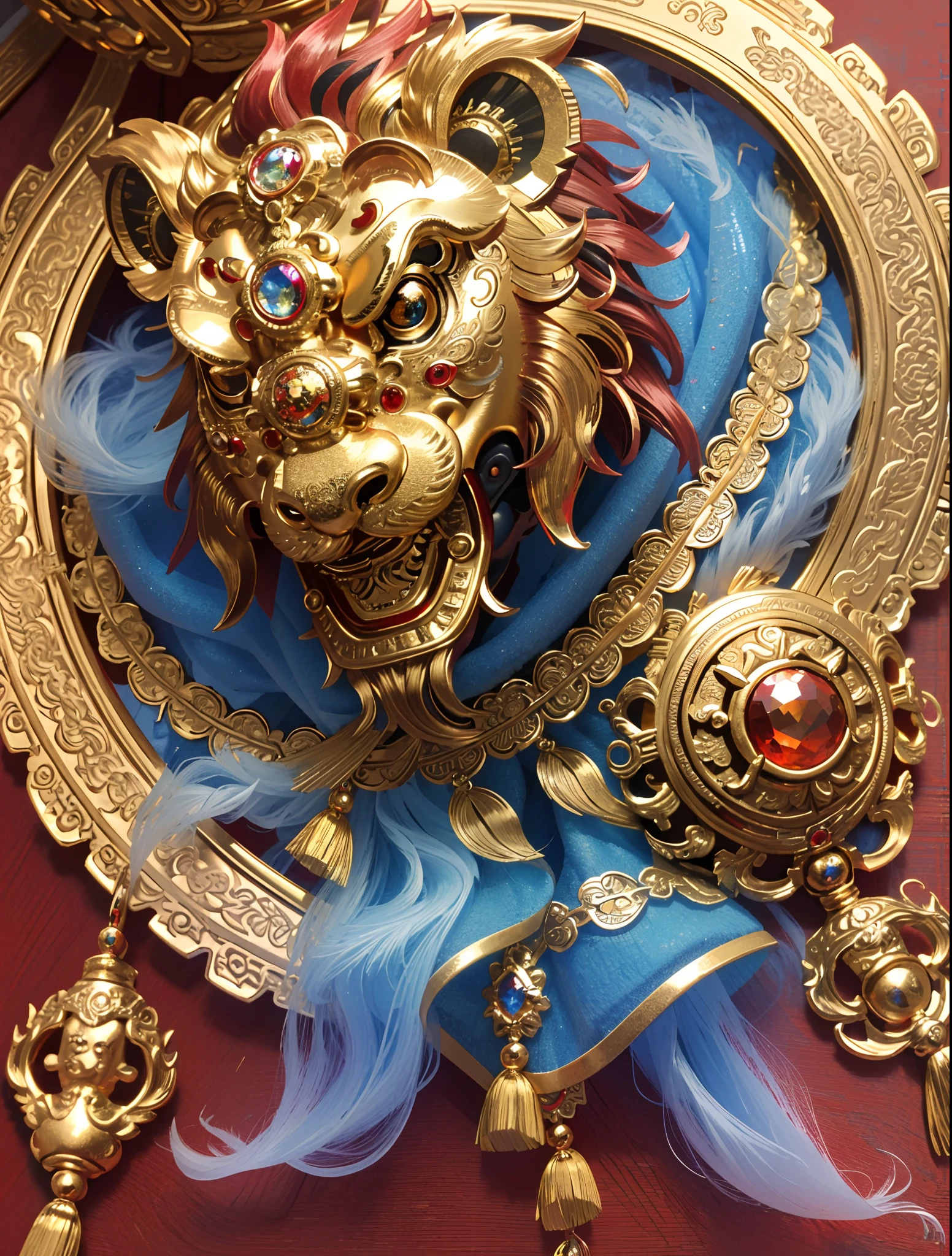 (best quality,4k,8k,highres,masterpiece:1.2),ultra-detailed,brass lion head sculpture on the table,exquisitely crafted,red gemstone eyes,blue gemstone forehead decoration,ornate and luxurious lion head artwork,Chinese elements,traditional culture,traditional craftsmanship,beautifully handcrafted,regal and majestic,sparkling gemstones,lifelike details,vibrant colors,shiny polished surface,decorative piece,East Asian heritage,Cultural heritage,antique,bronze sculpture,symbol of power and strength,traditional lion dance,eye-catching centerpiece,intricate design,authentic representation,impressive craftsmanship.