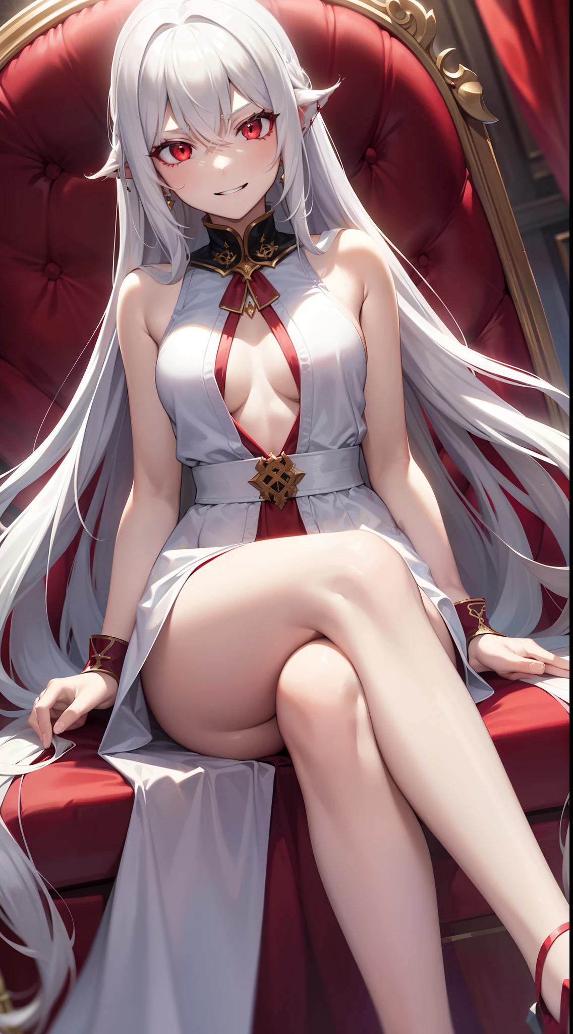 young girl, Long white hair, red eyes, Red Futhark Tattoo, smirk, princess dress, small breasts, open breasts, Wide neckline, sitting on the throne, legs crossed, Masterpiece, hiquality, higly detailed, HD, 4k
