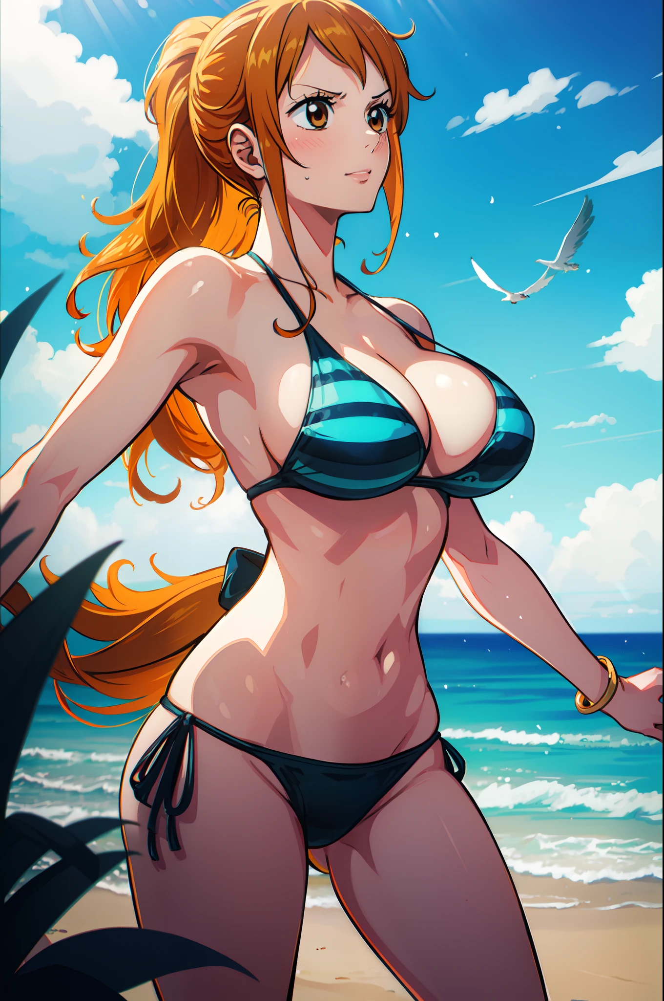 (best quality,ultra-detailed,realistic:1.37),anime art style,Nami from One Piece,brown eyes,orange long ponytail hair,blushing,wearing black bikini,standing on a sandy beach, gentle ocean waves in the background, bright sunlight shining down on her,seagulls flying in the sky,sparkling blue seawater,detailed sand texture on the beach,shadows cast by palm trees, vibrant colors, dynamic pose, playful expression.