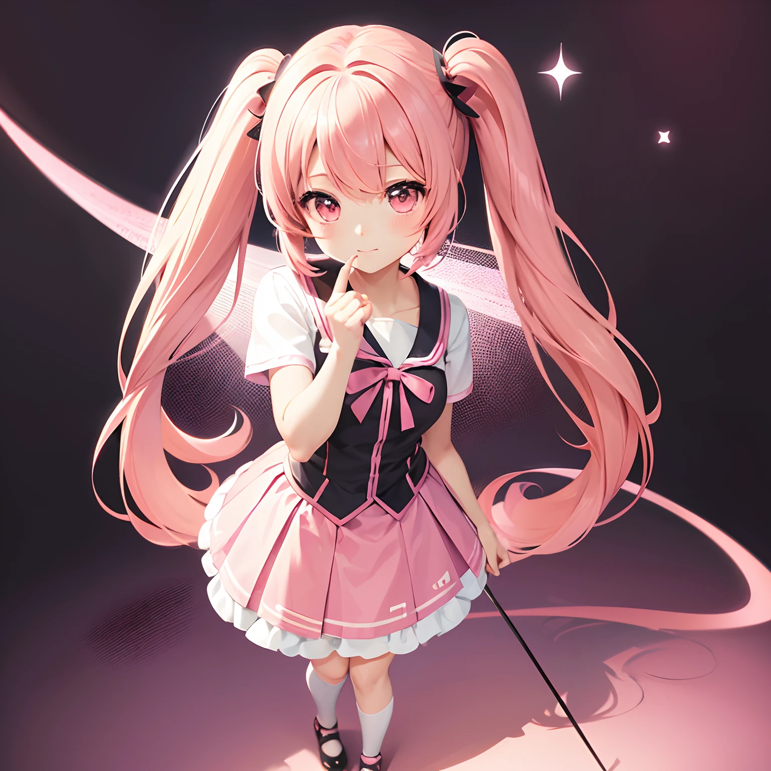 Very cute and (Beautiful Chibi Anime Girl), Solo, Simple background, Beautiful twin tails*Pink* hair, Beautiful detailed *Pink* High School Uniform, Full body, Standing, high detailed face and *Pink* Eyes, Clearly outlined