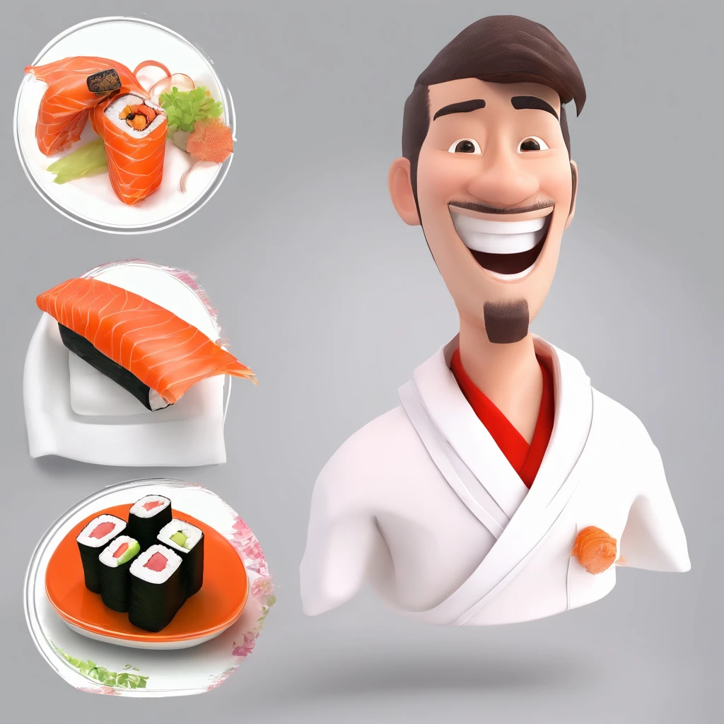 # Background with:blanche
# 人物:1 male human
# garments:Sushi chef's attire(Manteau blanc、Hachimaki、pinafore)
# expressioness:a smile
# the pose:Holding sushi
# Used with stickers for LINE
# Illustration of a sushi chef
# White background、The person is one man
# The person's attire is that of a sushi chef(Manteau blanc、Hachimaki、pinafore)
# The expression is a smile
# Pose is holding sushi
