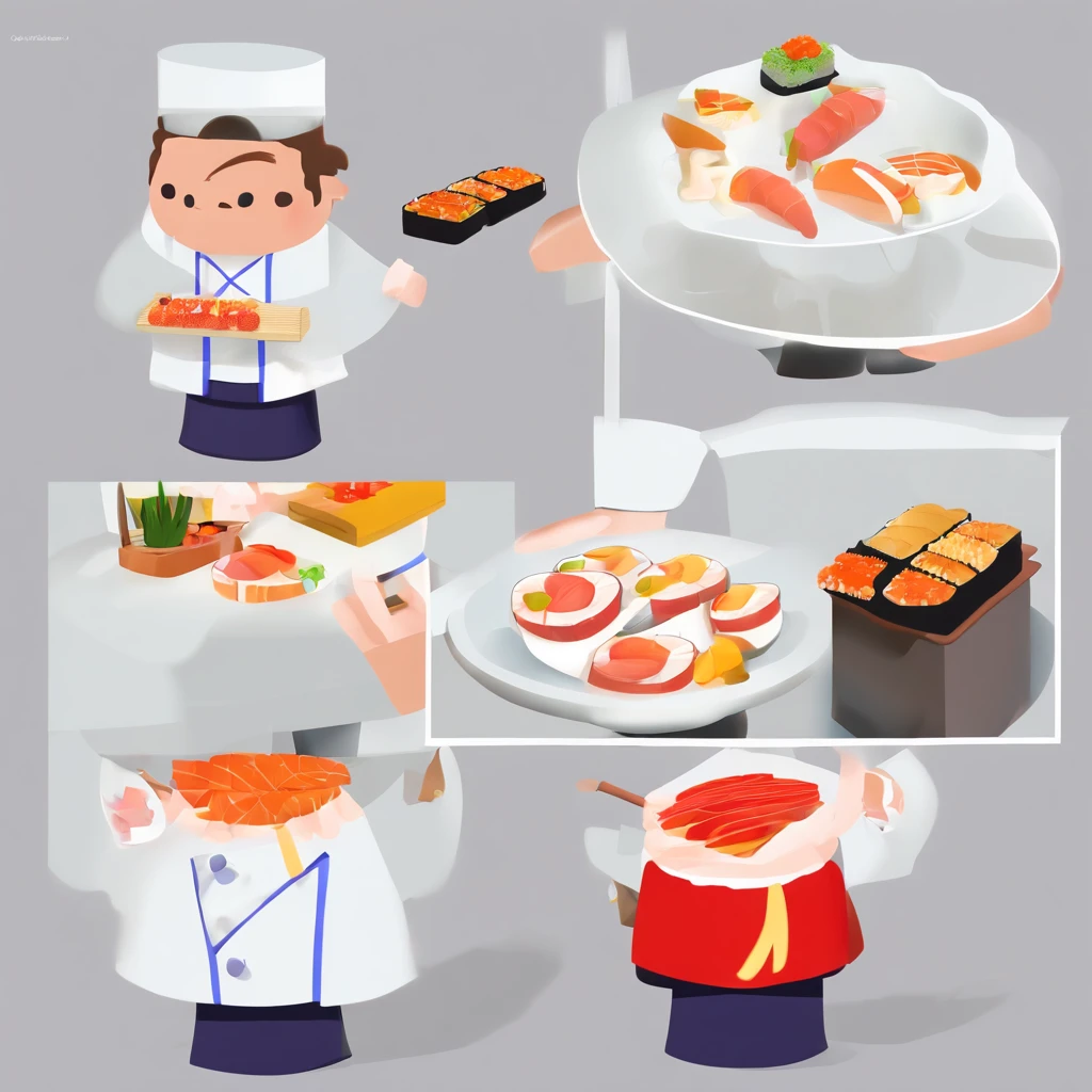 # Background with:blanche
# 人物:1 male human
# garments:Sushi chef's attire(Manteau blanc、Hachimaki、pinafore)
# expressioness:a smile
# the pose:Holding sushi
# Used with stickers for LINE
# Illustration of a sushi chef
# White background、The person is one man
# The person's attire is that of a sushi chef(Manteau blanc、Hachimaki、pinafore)
# The expression is a smile
# Pose is holding sushi