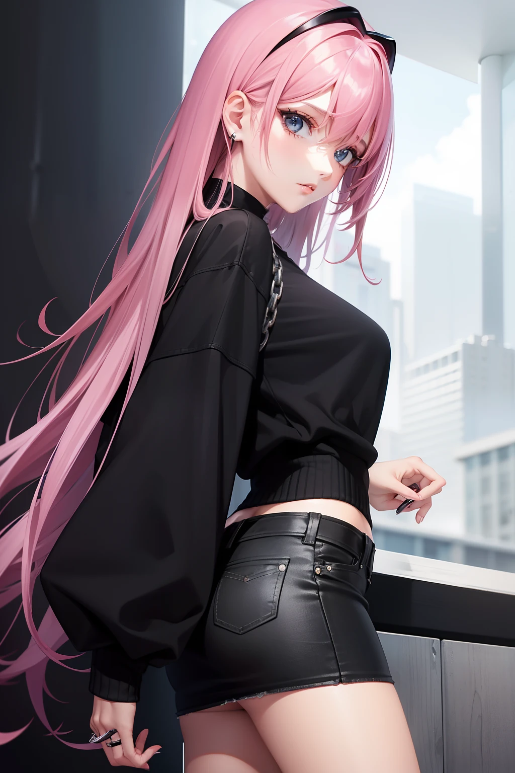 Leader of Runaway Bad Girl, Long Black Jumper, a cool、Skin Jean Miniskirt, Semi-long pink hair, Looking at the viewer, Front view,