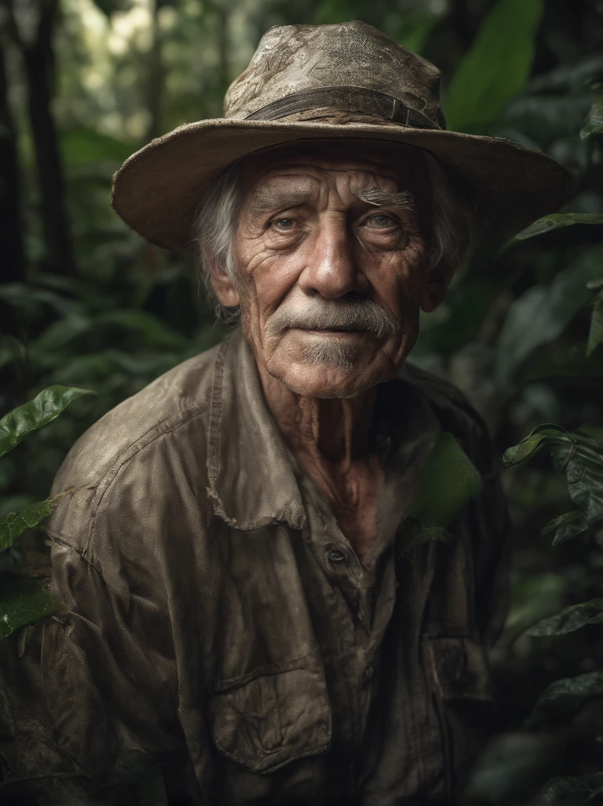 tmasterpiece, Smart old man walking through the jungle in fireflies, (high detal: 1 1), The face of an old man, Natural skin, high high quality, NSFW, beautidful eyes, (detailed faces and eyes), (the face: 1 2), noise, Extra, Realphotos, .....PSD, Lamp film photography, foco nítido, contrasty lighting, Detailed skins, High resolution 8K, insanely details, realisticlying, professional photoshooting, 8K UHD, SLR camera, gentle illumination, high high quality, Film Particle, Fujifilm XT3
