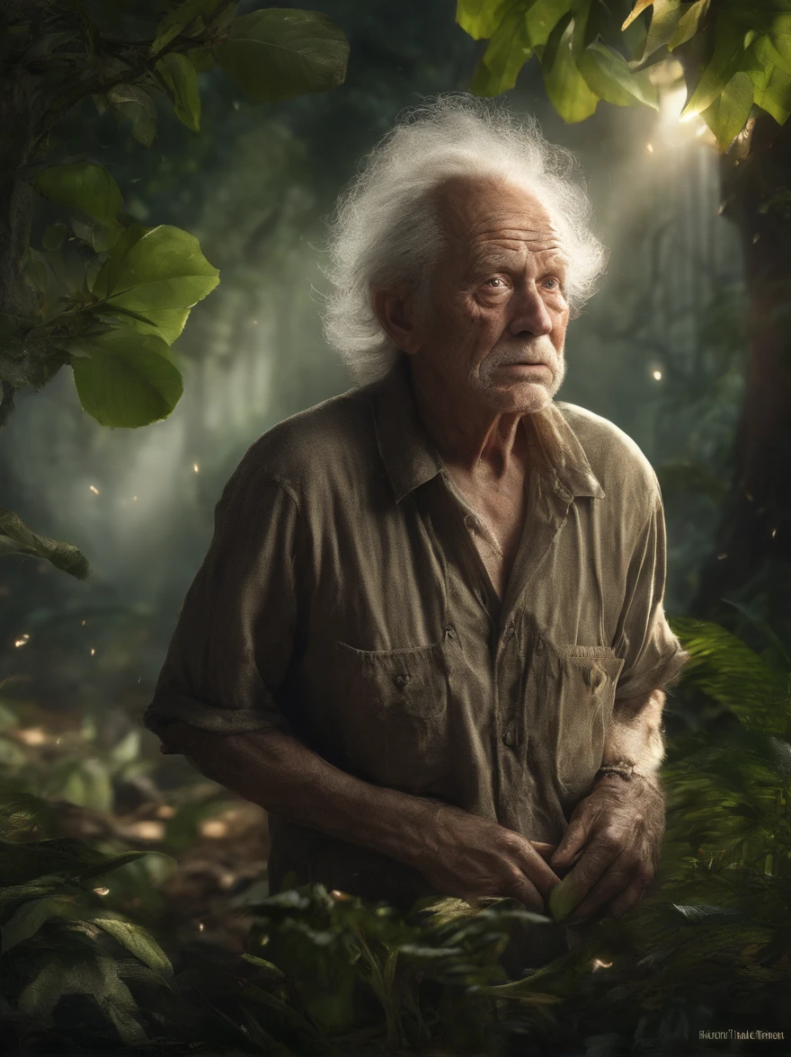 tmasterpiece, Smart old man walking through the jungle in fireflies, (high detal: 1 1), The face of an old man, Natural skin, high high quality, NSFW, beautidful eyes, (detailed faces and eyes), (the face: 1 2), noise, Extra, Realphotos, .....PSD, Lamp film photography, foco nítido, contrasty lighting, Detailed skins, High resolution 8K, insanely details, realisticlying, professional photoshooting, 8K UHD, SLR camera, gentle illumination, high high quality, Film Particle, Fujifilm XT3