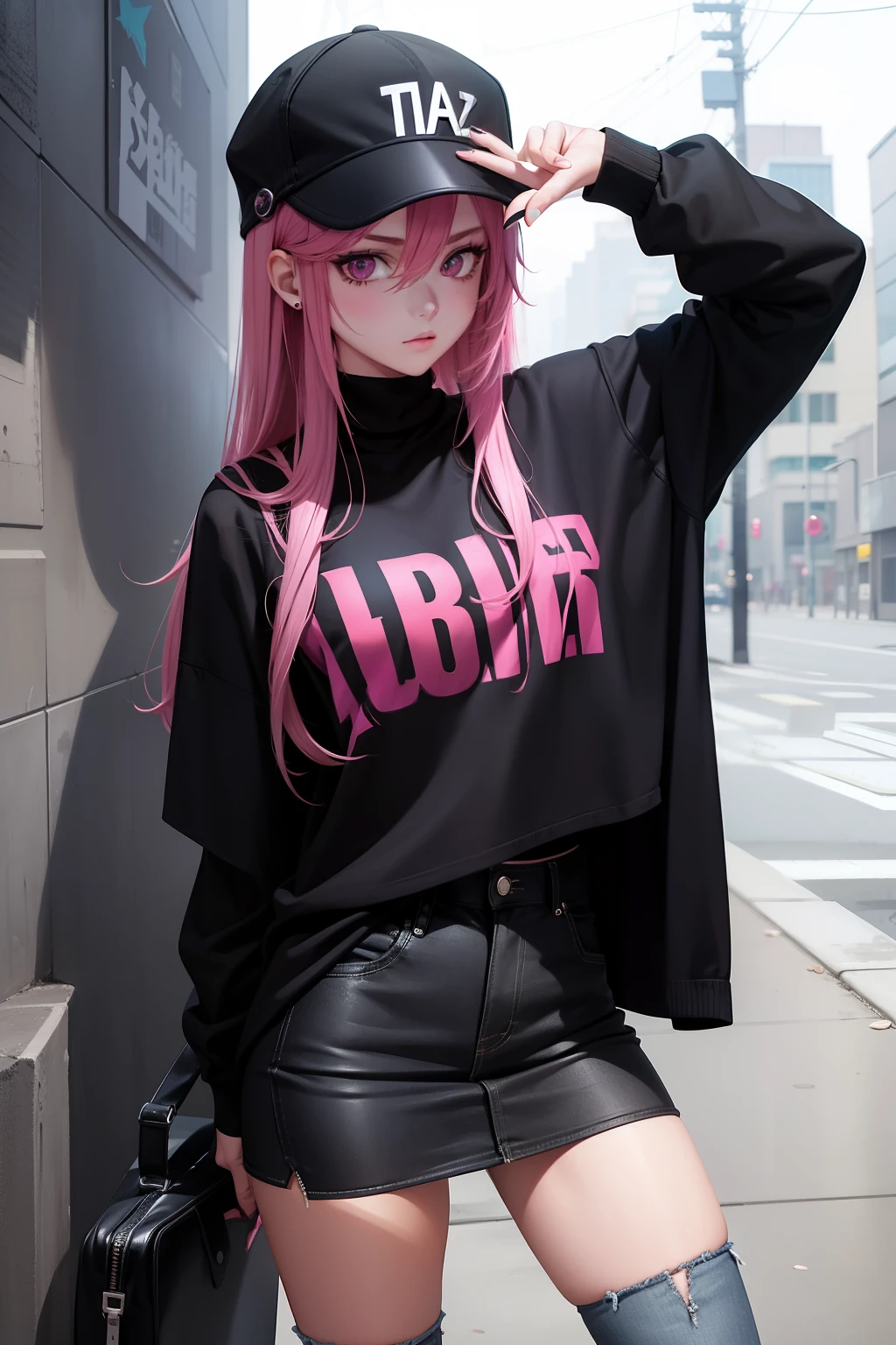 Leader of Runaway Bad Girl, Long Black Jumper, a cool、Skin Jean Miniskirt, Semi-long pink hair, Looking at the viewer, Front view,