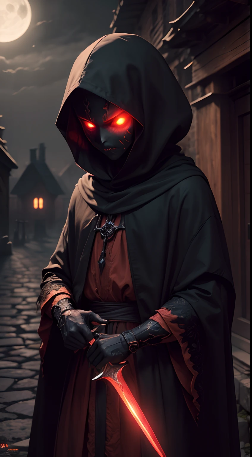 masterpiece, 1600s, (Night Shade), young humanoid, demon, character, horror, pumpkin head, dark, black hood, holding a long blade knife with one hand, night time, cold, glowing red eyes, outside, village, evil, from hell, mist, fog, falling leafs, fall weather,