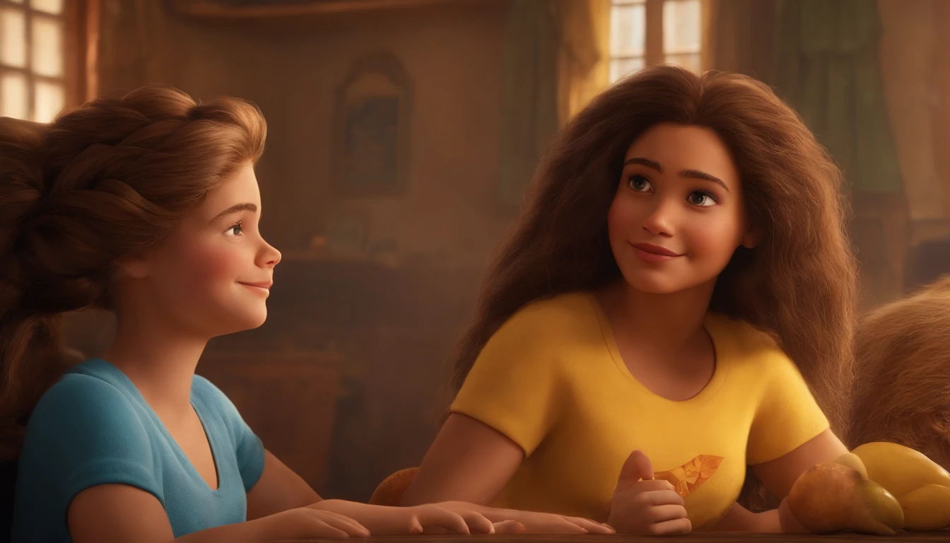 Best quality Disney Pixar style hyper-realistic illustration Two 18-year-olds from different eras, dividem um o quarto ao meio, uma de cabelos longos em 2023 e um menino com camiseta do Nirvana de 1993, compartilham o mesmo livro, And they open a yellow magic portal and establish a connection that transcends time and space.