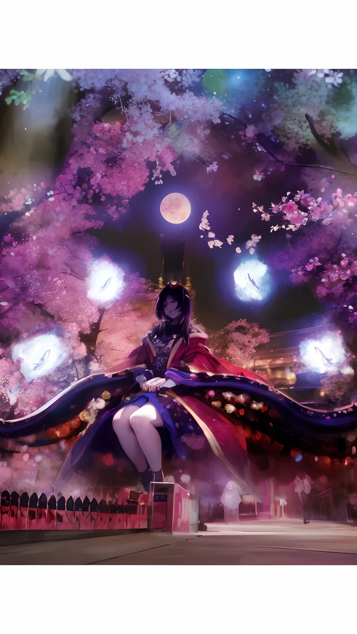 absurderes, hight resolution, ultra-detailliert, looking distantly, Young woman in happy state in cherry blossom maze, nebulas,