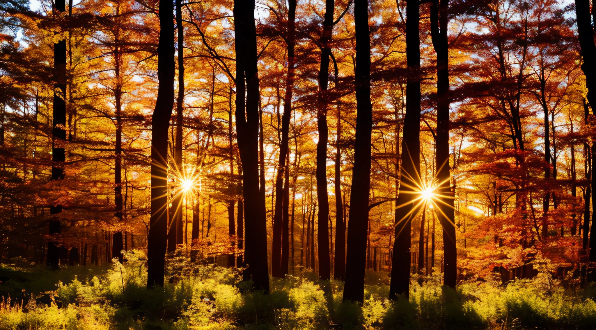 masterpiece_portrait,best quality,photorealistic,ultra high res,detailed lighting,realistic,intricate_details, finely_detailed,8K Ultra High Definition,wide shot,Twilight Majesty: A forest at dusk with a vibrant sky painted in hues of orange, pink, and purple. The silhouettes of the trees stand in stark contrast against the colorful backdrop, creating a majestic scene.,Sun-Kissed Serenity: A forest clearing bathed in warm sunlight, with golden rays piercing through the trees. The soft glow adds a touch of warmth and serenity to the scene.,