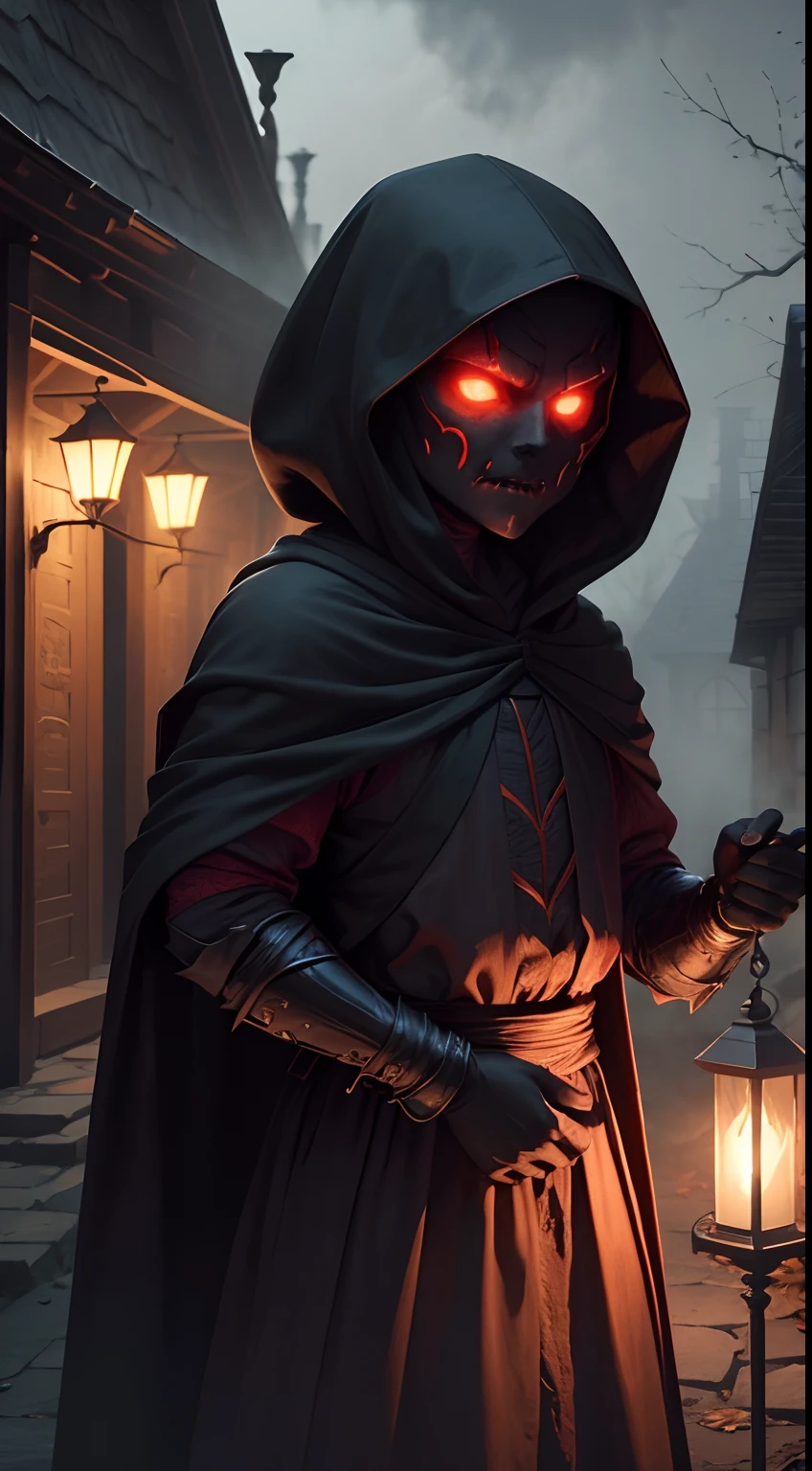 masterpiece, 1600s, (Night Shade), young humanoid, demon, character, horror, pumpkin head, dark, black hood, holding a long blade knife with one hand, night time, cold, glowing red eyes, outside, village, evil, from hell, mist, fog, falling leafs, fall weather,