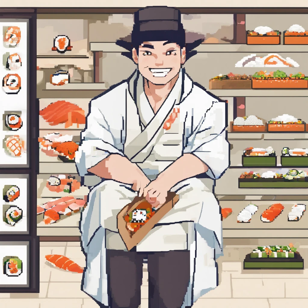 # Background with:blanche
# 人物:1 male human
# garments:Sushi chef's attire(Manteau blanc、Hachimaki、pinafore)
# expressioness:a smile
# the pose:Holding sushi
# Used with stickers for LINE
# Illustration of a sushi chef
# White background、The person is one man
# The person's attire is that of a sushi chef(Manteau blanc、Hachimaki、pinafore)
# The expression is a smile
# Pose is holding sushi