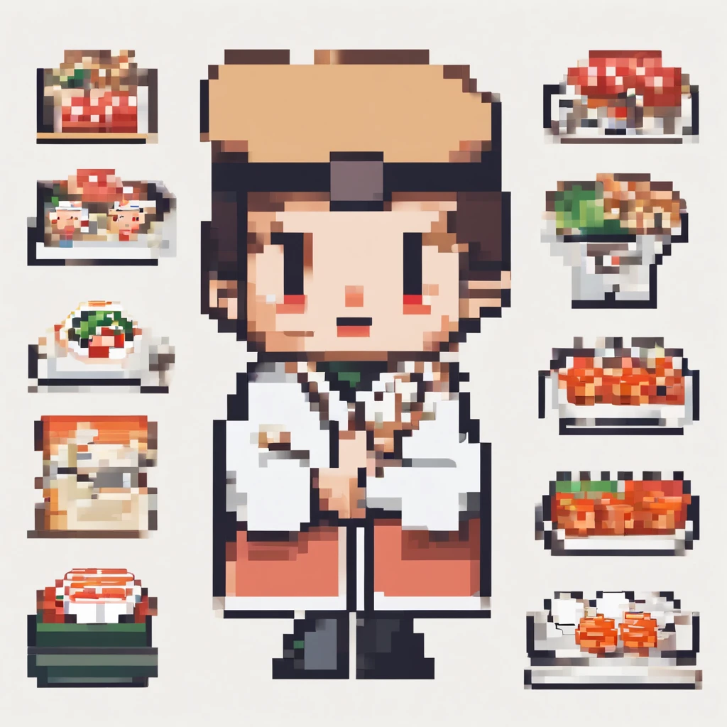 # Background with：blanche
# 人物：1 male human
# garments：Sushi chef's attire（Manteau blanc、Hachimaki、pinafore）
# expressioness：a smile
# the pose：Holding sushi

# Used with stickers for LINE

# Illustration of a sushi chef

# White background、The person is one man
# The person's attire is that of a sushi chef（Manteau blanc、Hachimaki、pinafore）
# The expression is a smile
# Pose is holding sushi