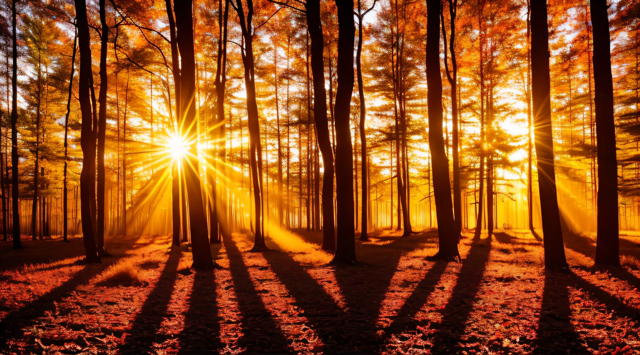 masterpiece_portrait,best quality,photorealistic,ultra high res,detailed lighting,realistic,intricate_details, finely_detailed,8K Ultra High Definition,wide shot,Twilight Majesty: A forest at dusk with a vibrant sky painted in hues of orange, pink, and purple. The silhouettes of the trees stand in stark contrast against the colorful backdrop, creating a majestic scene.,Sun-Kissed Serenity: A forest clearing bathed in warm sunlight, with golden rays piercing through the trees. The soft glow adds a touch of warmth and serenity to the scene.,