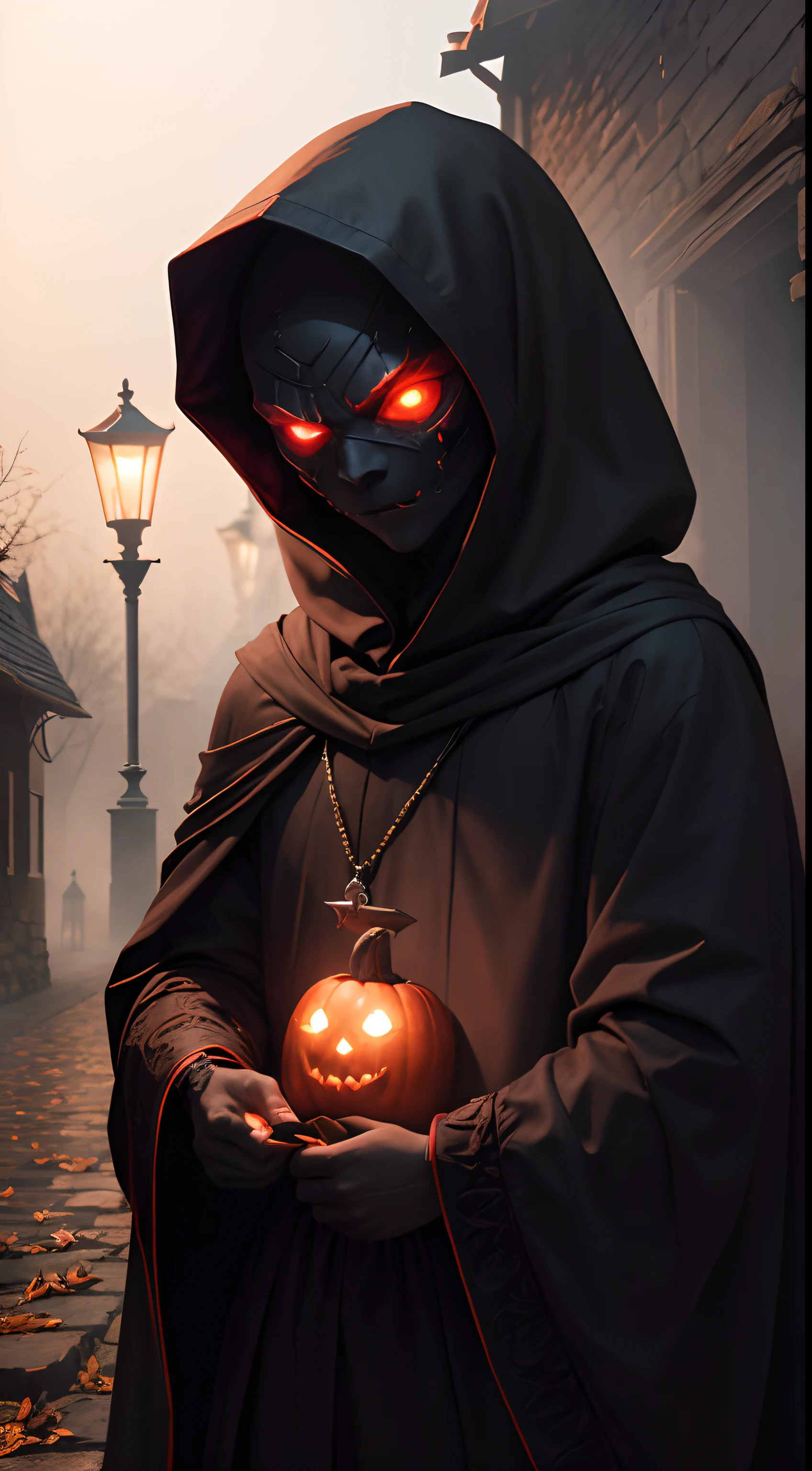 masterpiece, 1600s, (Night Shade), young humanoid, demon, character, horror, pumpkin head, dark, black hood, holding a long blade knife with one hand, night time, cold, glowing red eyes, outside, village, evil, from hell, mist, fog, falling leafs, fall weather,