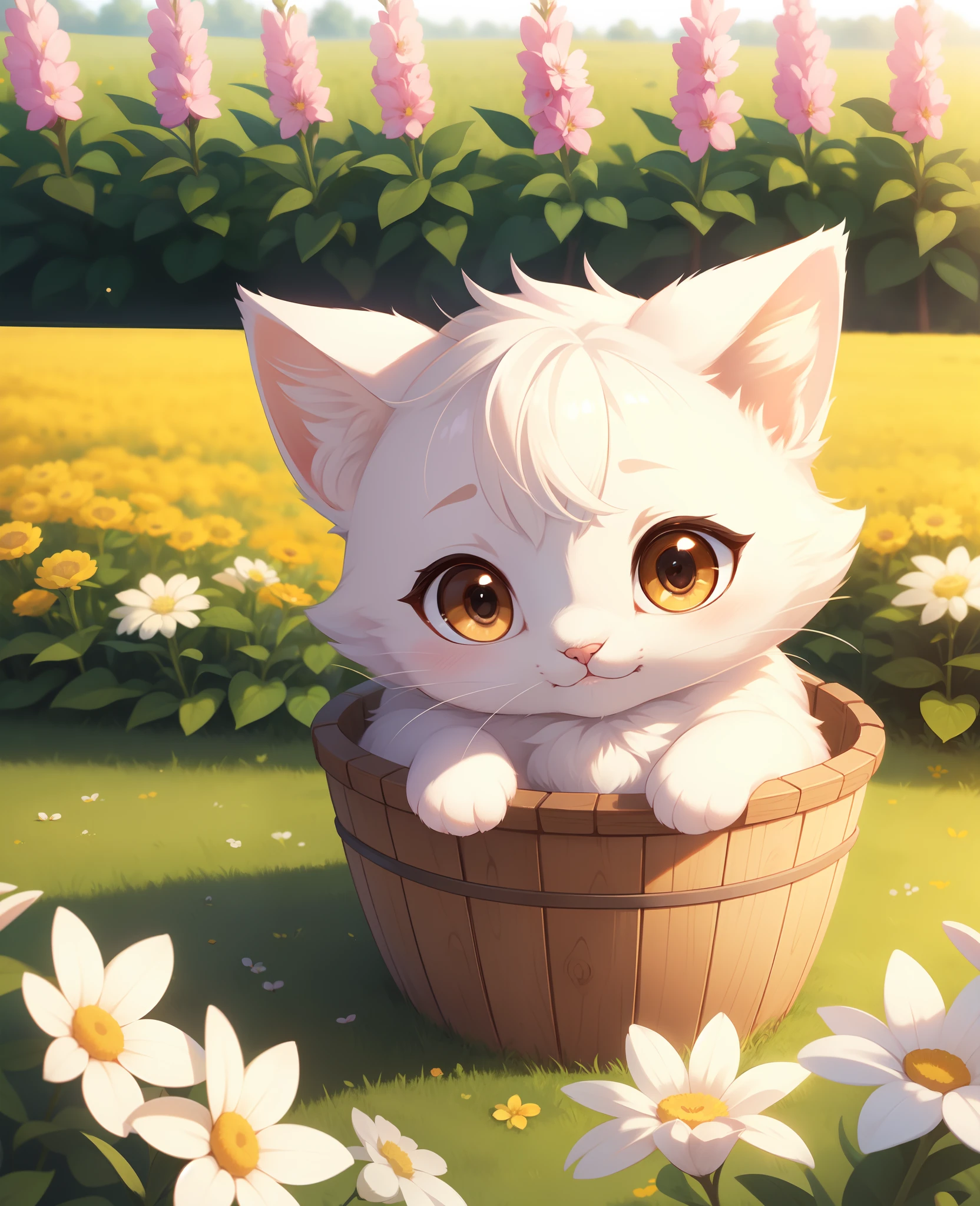 Cute tiny kitty, puffy adorable white fur, adorable cute shiny big brown eyes, Ultra HD, realistic, best quality, in a mini container, in a flower field