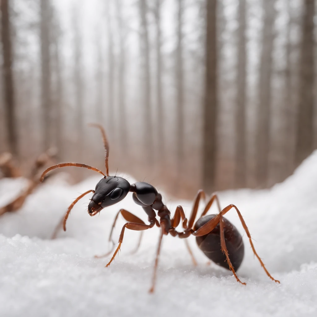 an ant in the snowy forest