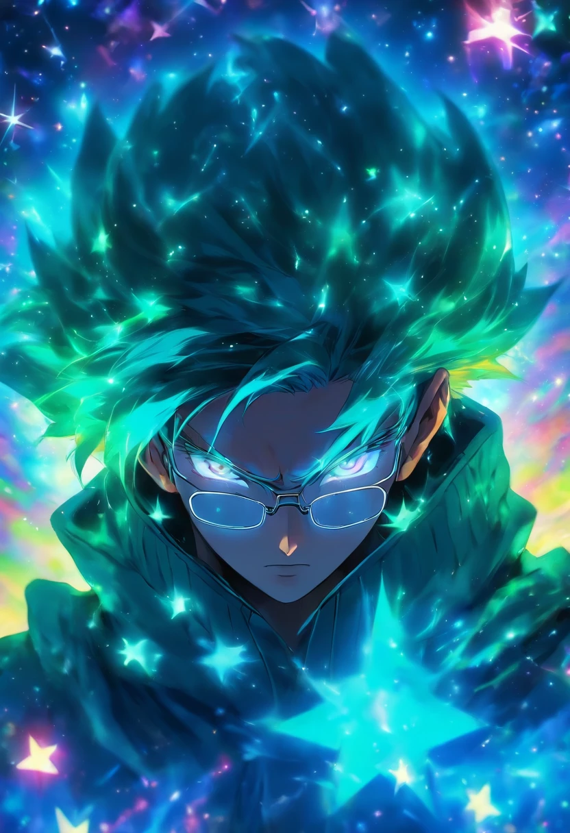 Man in a star hood,black-frame glasses,Luminous pupils,starrysky,Highest image quality,tmasterpiece,Highest high resolution