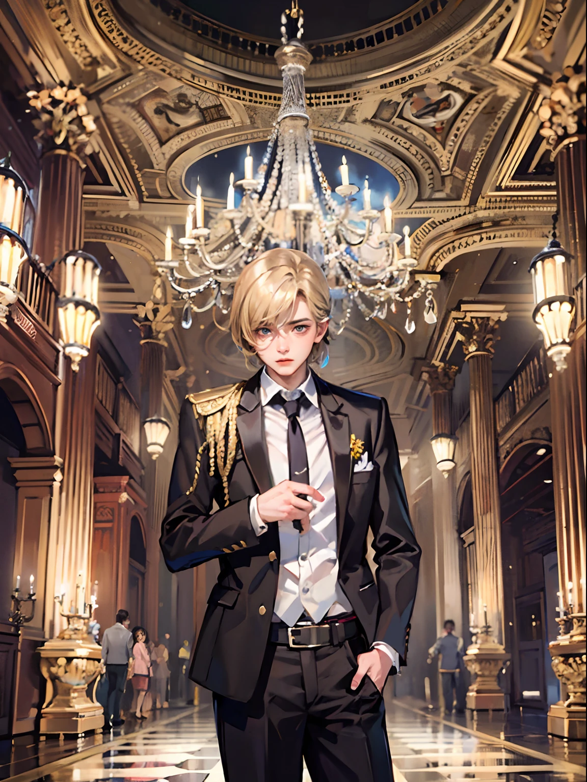 1boy,11 only、(Man's :2),(bobhair:1.5)、a blond、Naked tuxedo、Inside a luxurious Western-style building、Luxurious chandeliers、Vibrant lighting、hightquality、masutepiece,8K,hight resolution、