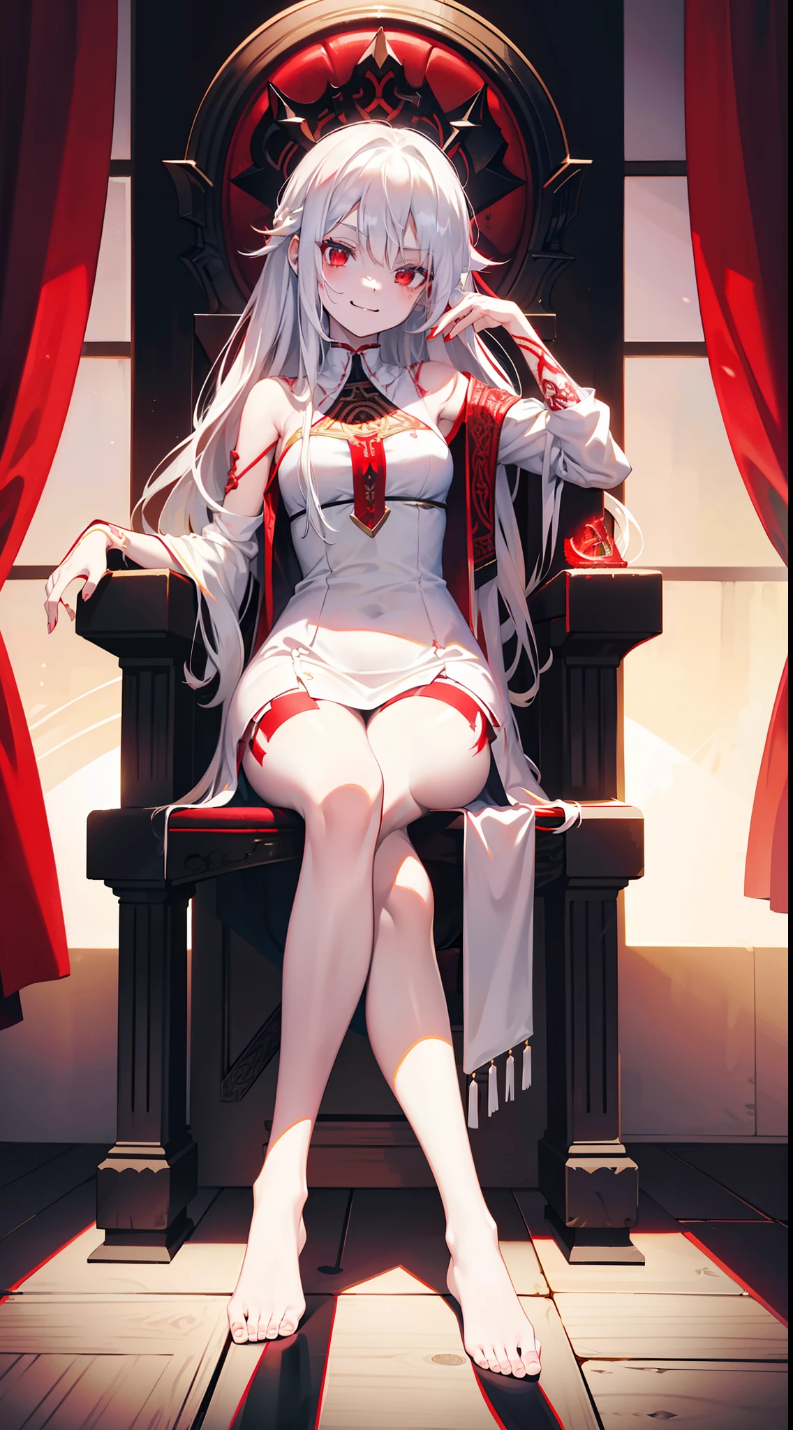 young girl, Long white hair, red eyes, Red Futhark Tattoo, smirk, princess dress, small breasts, open breasts, Wide neckline, sitting on the throne, legs crossed, Masterpiece, hiquality, higly detailed, HD, 4k