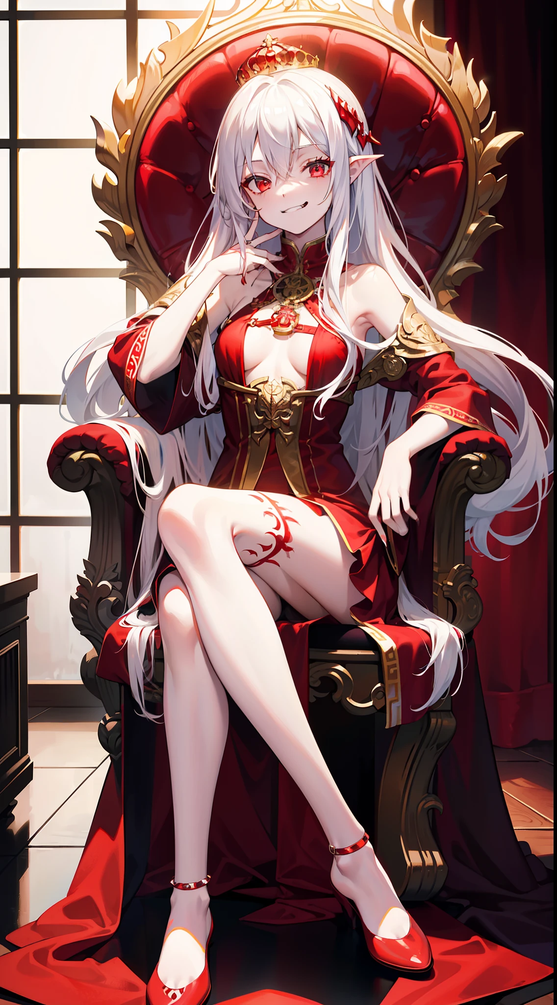 young girl, Long white hair, red eyes, Red Futhark Tattoo, smirk, princess dress, small breasts, open breasts, Wide neckline, sitting on the throne, legs crossed, Masterpiece, hiquality, higly detailed, HD, 4k