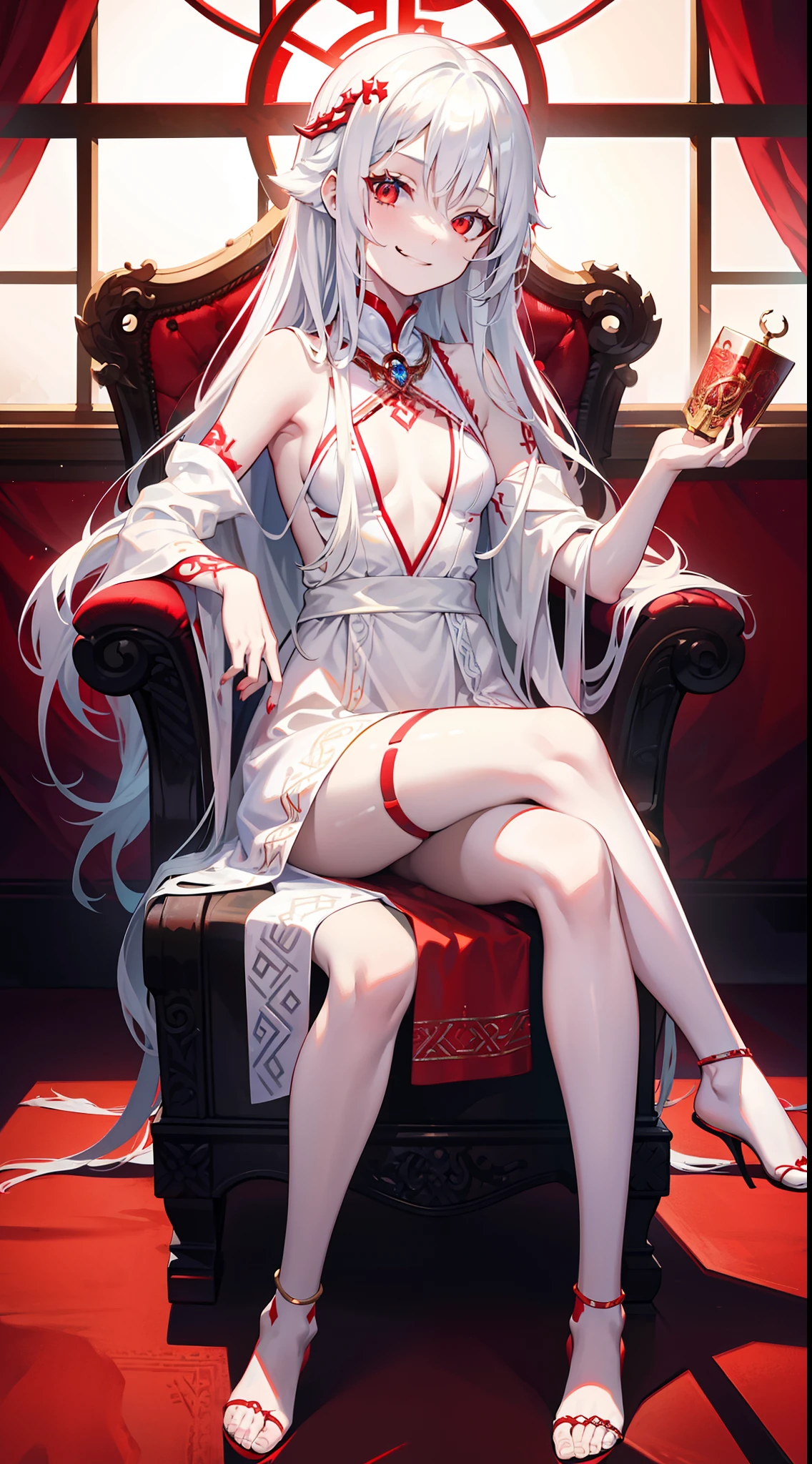 young girl, Long white hair, red eyes, Red Futhark Tattoo, smirk, princess dress, small breasts, open breasts, Wide neckline, sitting on the throne, legs crossed, Masterpiece, hiquality, higly detailed, HD, 4k