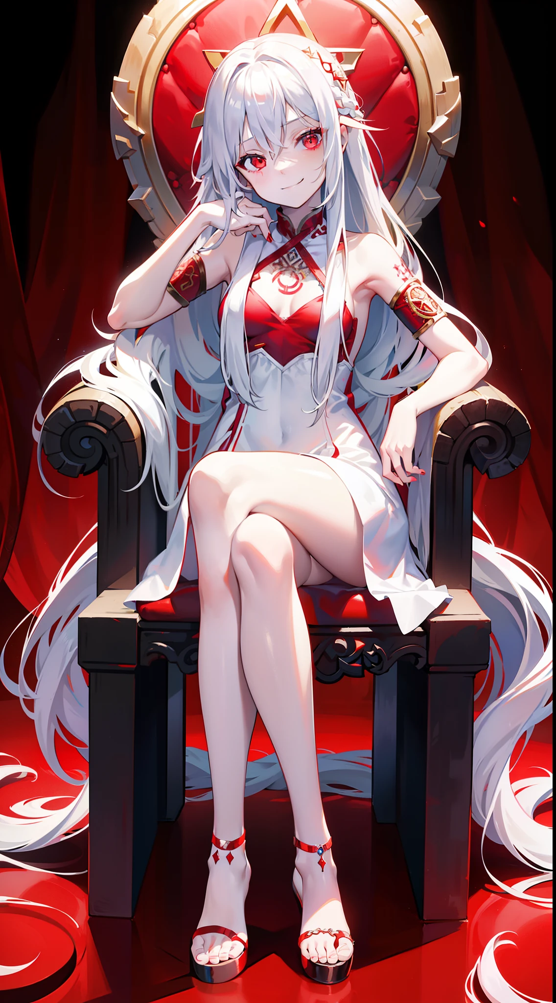 young girl, Long white hair, red eyes, Red Futhark Tattoo, smirk, princess dress, small breasts, open breasts, Wide neckline, sitting on the throne, legs crossed, Masterpiece, hiquality, higly detailed, HD, 4k