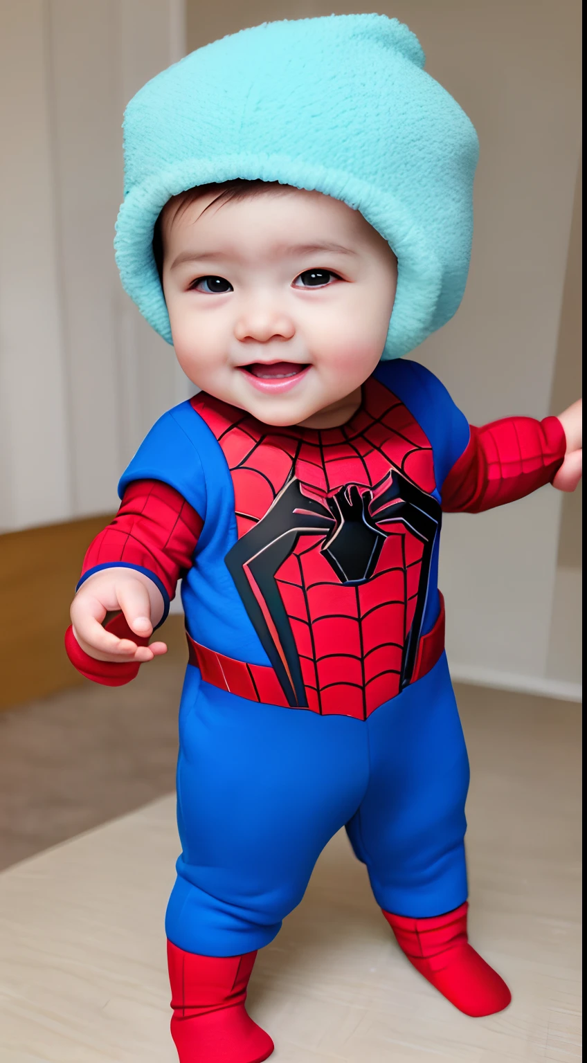 Cute , cosplay spiderman,smile, cute,fantasy scene, skin realistic,ultra realistic,full body,stand in the middle of the frame, (hyperrealism:1.1),(detailed:1.2)