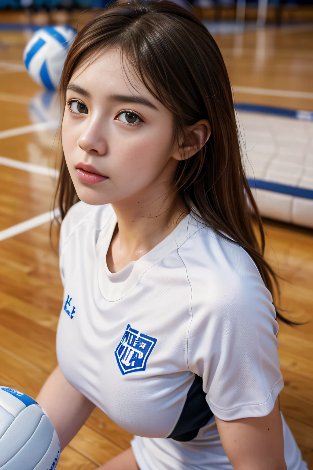 (超Realisticな)、(High resolution)、(8K)、 (very detailed)、(Ultra clear skin pores)、(highest quality、master piece:1.3)、Beautiful girl in basketball uniform、On the basketball court,Playing the Basketball,1 female、Mid summer、(Chiayi:1.5), Close-up, master piece, best quality, RAW photography, Realistic, face, incredibly ridiculous resolution, Depth of bounds written, High resolution, super detailed, small details, very detailed, 非常に詳細な目とface, sharp pupils, Realisticな生徒, fix a sharp focus, cinematic lighting