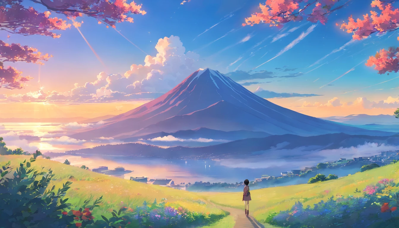 Warm scent, Gorgeous, Dark, life, Nature, Flowers, water, Gorgeous tree,Mountain, Valles, Heavy fog, spectral,magic, cheerfulness,relaxing, lofi, Sunset, cozily, superior, Artistic, Clouds, Dynamic, rich composition, Intricate, Detailed, ,landscape, Digital art, Love, Colorful, Sky clouds,Beautiful sky,, accommodate,