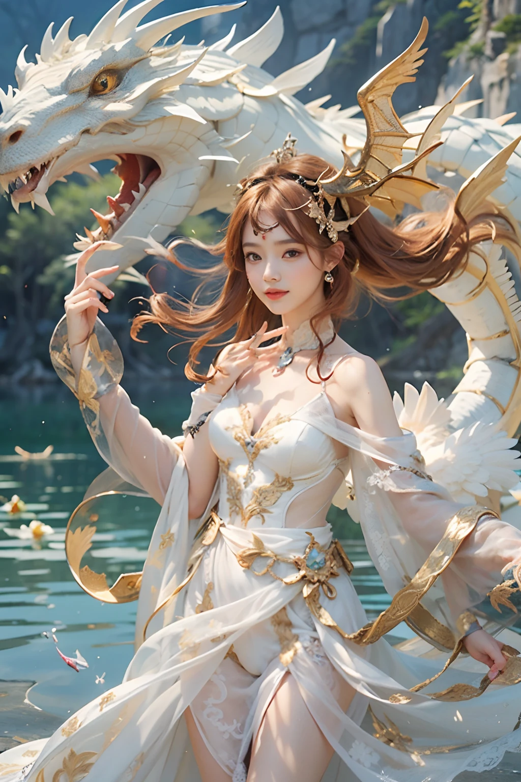 Dragons in Chinese mythology,(Portrait of an angel and a dragon god:1.3,)(Sheer and revealing white fluffy outfit:1.3, ),(Angel with glass wings floating above lake:1.3), (A glass dragon protects angels from behind:1.3),shiny light brown and orange striped hair,,,,,,,,Cute smile,Perfect round face,A cheerful smile that makes the viewer happy,Proper body proportion,masutepiece,Super high-quality output images,hight resolution,Intricate details,Hair fluttering in a very delicate and beautiful wind,photos realistic,Dreamy,Professional Lighting,realistic shadow,Beautiful hands,Beautiful fingers,Detailed finger features,detailed clothes features,Detailed hair features,detailed facial features,