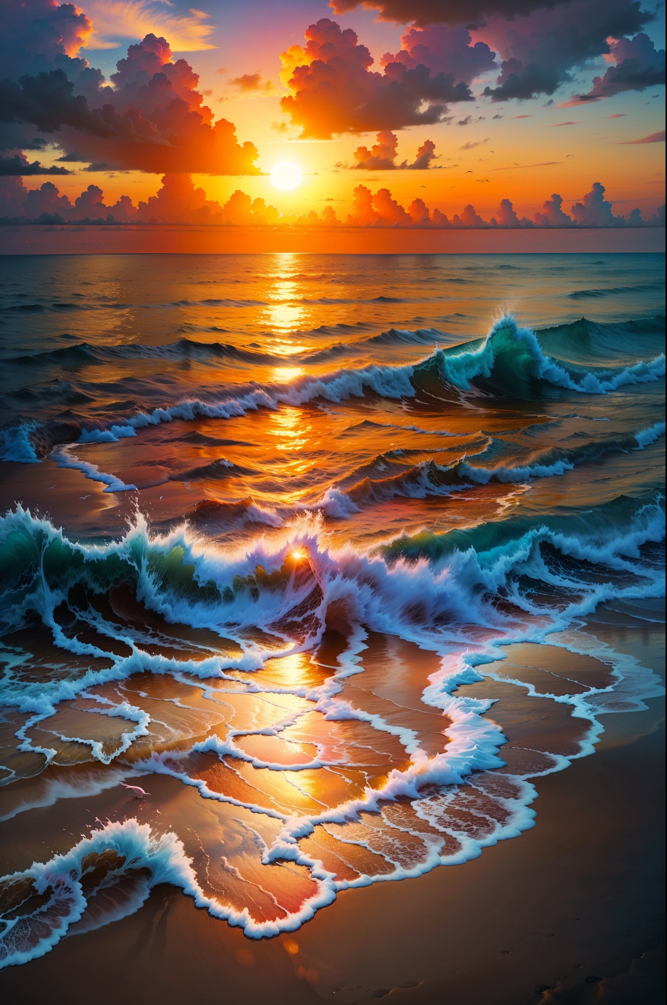 An absolutely mesmerizing sunset on the beach, with a mix of orange, pink, and yellow in the sky. The water is crystal clear, gently kisses the coast, and the white sand is endless. The scene is dynamic and breathtaking, with seagulls soaring high in the sky and palm trees swaying softly. Immerse yourself in the calm atmosphere and let the serenity surround you.