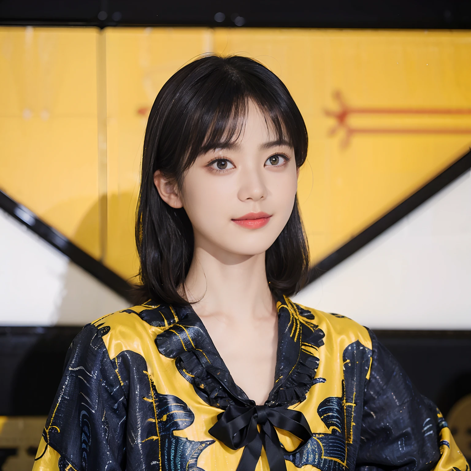 ((1womanl)), (((Black shorthair))), (masuter piece:1,3)、top-quality、masterpiece、hight resolution、Original、highly detailed wallpaper、jeans、Large ribbon, (A slight smil)、a small face、((Breast bulge))、(Zebra print t-shirt)、(Yellow and blue clothes)、(Light on Face)、Live-action style, Beautiful facial features, darkened room, Gunman Shot