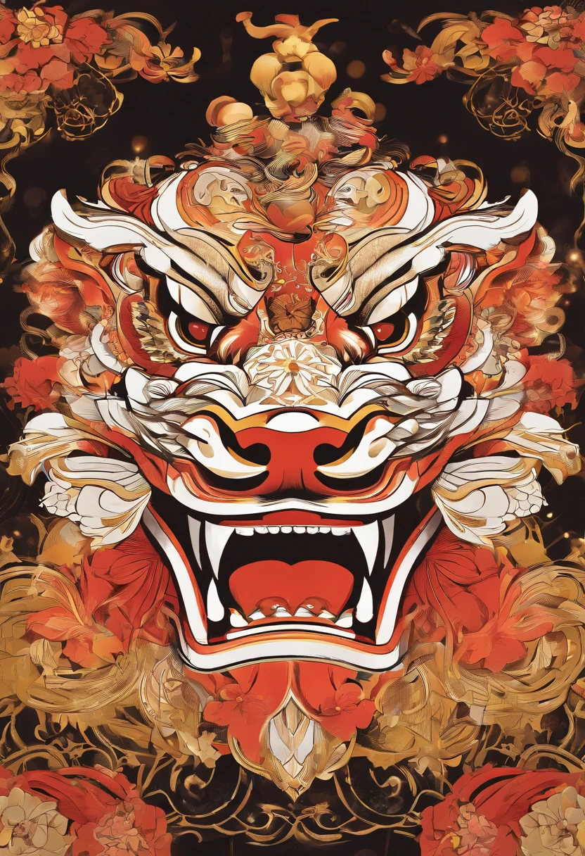 （lion dance）,（The state of the lion dance）,closeup cleavage,Hong Kong.depth of fields,The background is blurred out,Flower foreground
