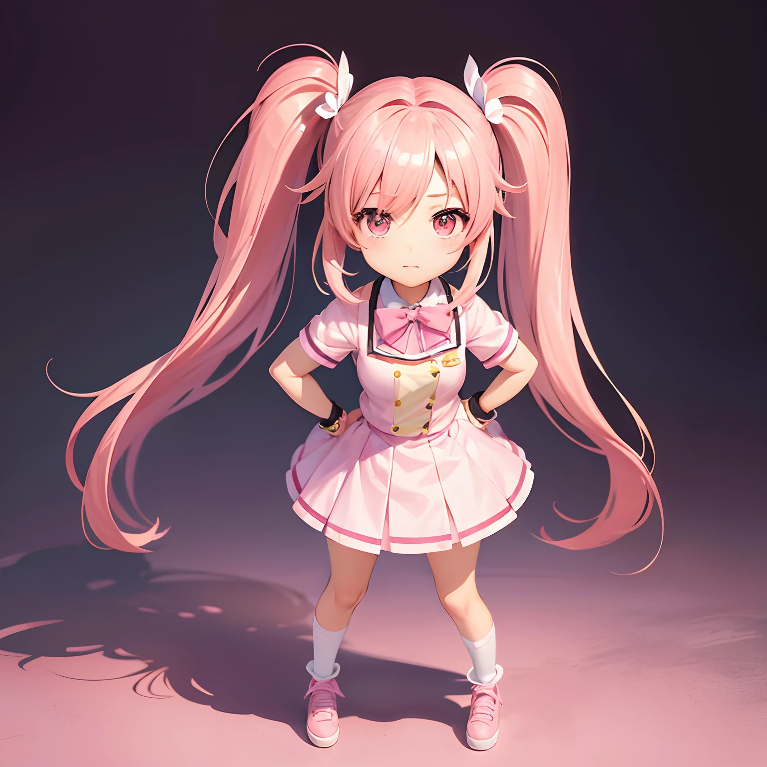 Very cute and (Beautiful Chibi Anime Girl), Solo, Simple background, Beautiful twin tails*Pink* hair,  Beautiful detailed *Pink* High School Uniform, Full body, Standing, high detailed face and *Pink* Eyes, Clearly outlined