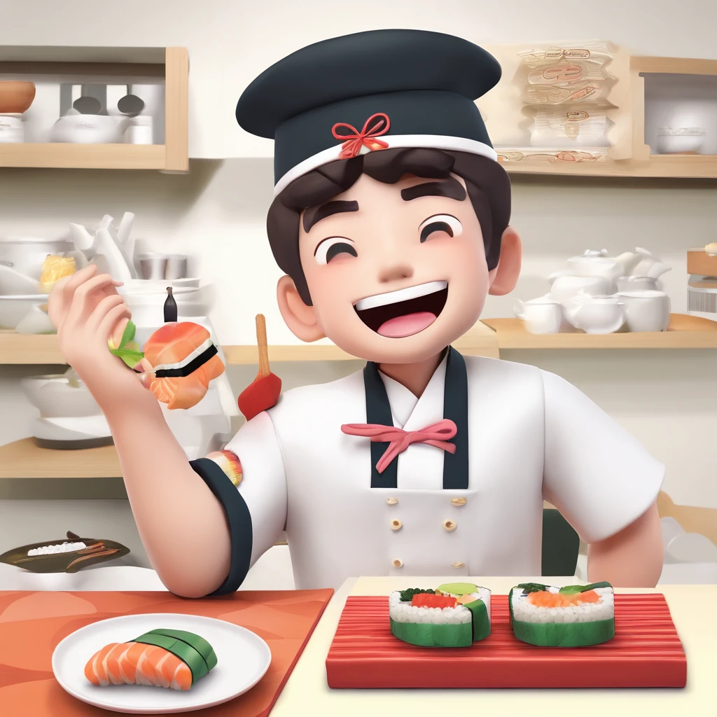 # Background with:blanche
# 人物:1 male human
# garments:Sushi chef's attire(Manteau blanc、Hachimaki、pinafore)
# expressioness:a smile
# the pose:Holding sushi
# Used with stickers for LINE
# Illustration of a sushi chef
# White background、The person is one man
# The person's attire is that of a sushi chef(Manteau blanc、Hachimaki、pinafore)
# The expression is a smile
# Pose is holding sushi