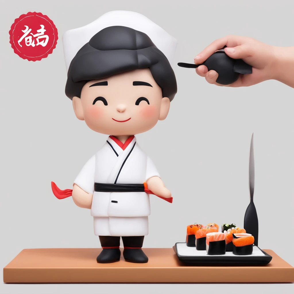 # Background with:blanche
# 人物:1 male human
# garments:Sushi chef's attire(Manteau blanc、Hachimaki、pinafore)
# expressioness:a smile
# the pose:Holding sushi
# Used with stickers for LINE
# Illustration of a sushi chef
# White background、The person is one man
# The person's attire is that of a sushi chef(Manteau blanc、Hachimaki、pinafore)
# The expression is a smile
# Pose is holding sushi