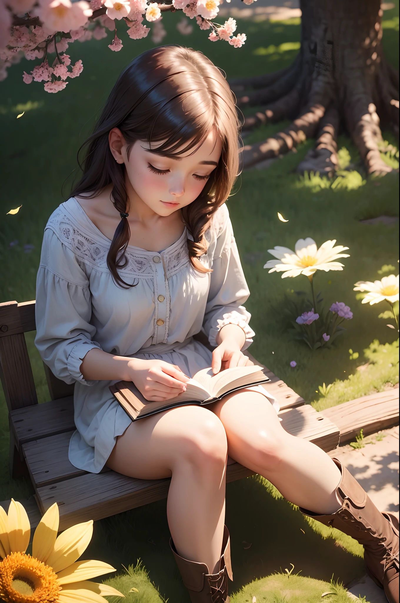 A girl sitting under a tree, staring at a book, surrounded by blooming flowers, with rays of sunlight penetrating through the leaves. Illustration, bright and vibrant colors, high contrast. Best quality, 4k resolution, ultra-detailed, realistic. The logo should incorporate a sense of tranquility, elegance, and knowledge. The color tone should be warm and inviting. The lighting should be soft and natural, with beautiful highlights and shadows.