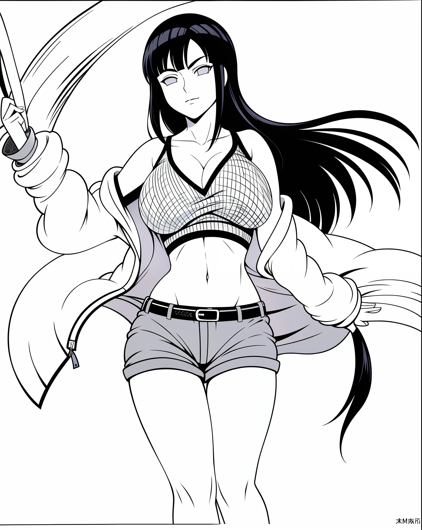 Hinata Hyuga, Extremamente Realista, sexy, bunda Grande, pernas grossas, short curto, mostrando parte da bunda, linear, monocromatic, ((obra-prima)), ((melhor qualidade)),((papel de parede 8K)),((altamente detalhado)),1girl, pullover, Ribbed sweater, Aran sweater, pullover off-shoulder, cabelo longo, cinto, ornamento de cabelo, saia, Heart, faixa de cabelo, fora do ombro, 鎖骨,