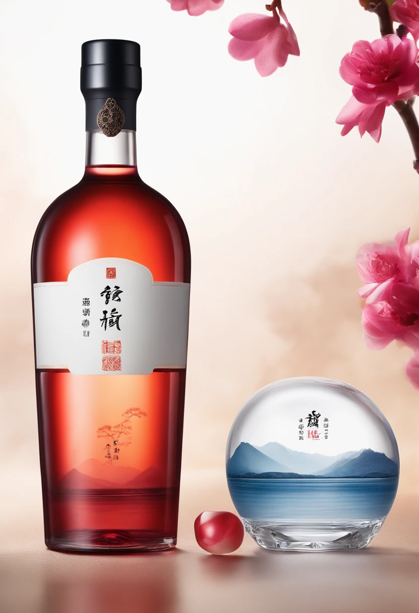 Wenjun wine,Women's wine,orient,Clear glass bottle,Gradient,Oriental elements, Product photography, miniature product photo, daoshu, inspired by Park Hua, inspired by Dong Yuan, Inspired by Cao Zhibai, Product photography 4 K, Inspired by Seki Dosheng, commercial product photography, inspired by Gu An, professional product photo, Product photo, inspired by Lu Guang